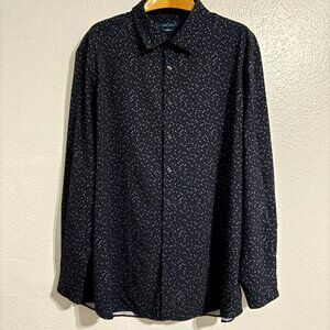 Perry‎ Ellis 2X Navy Stretch Shirt Geometric Print Button Front Long Sleeve